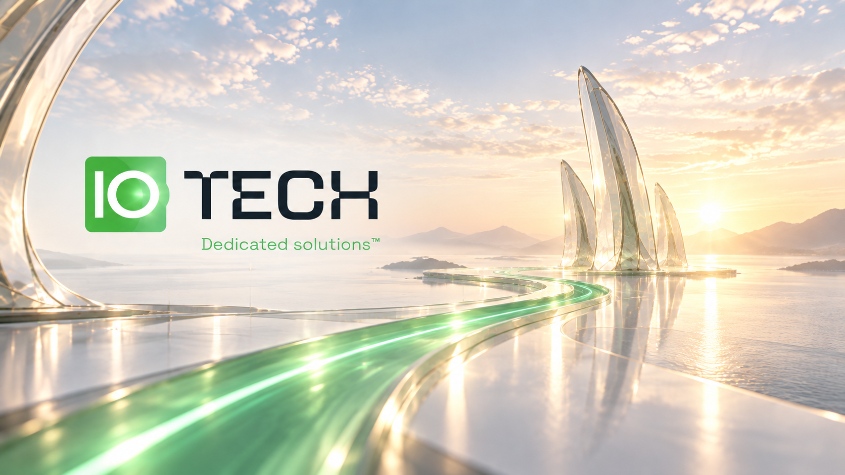 IO Tech architectural landscape with a glowing green path toward the horizon