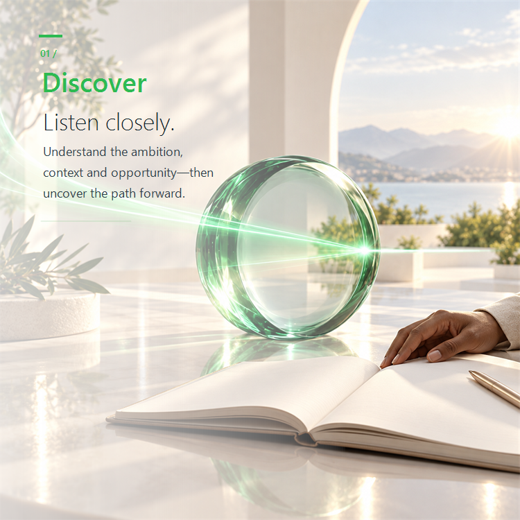 Discover — a luminous glass sphere with green light rays beside an open notebook
